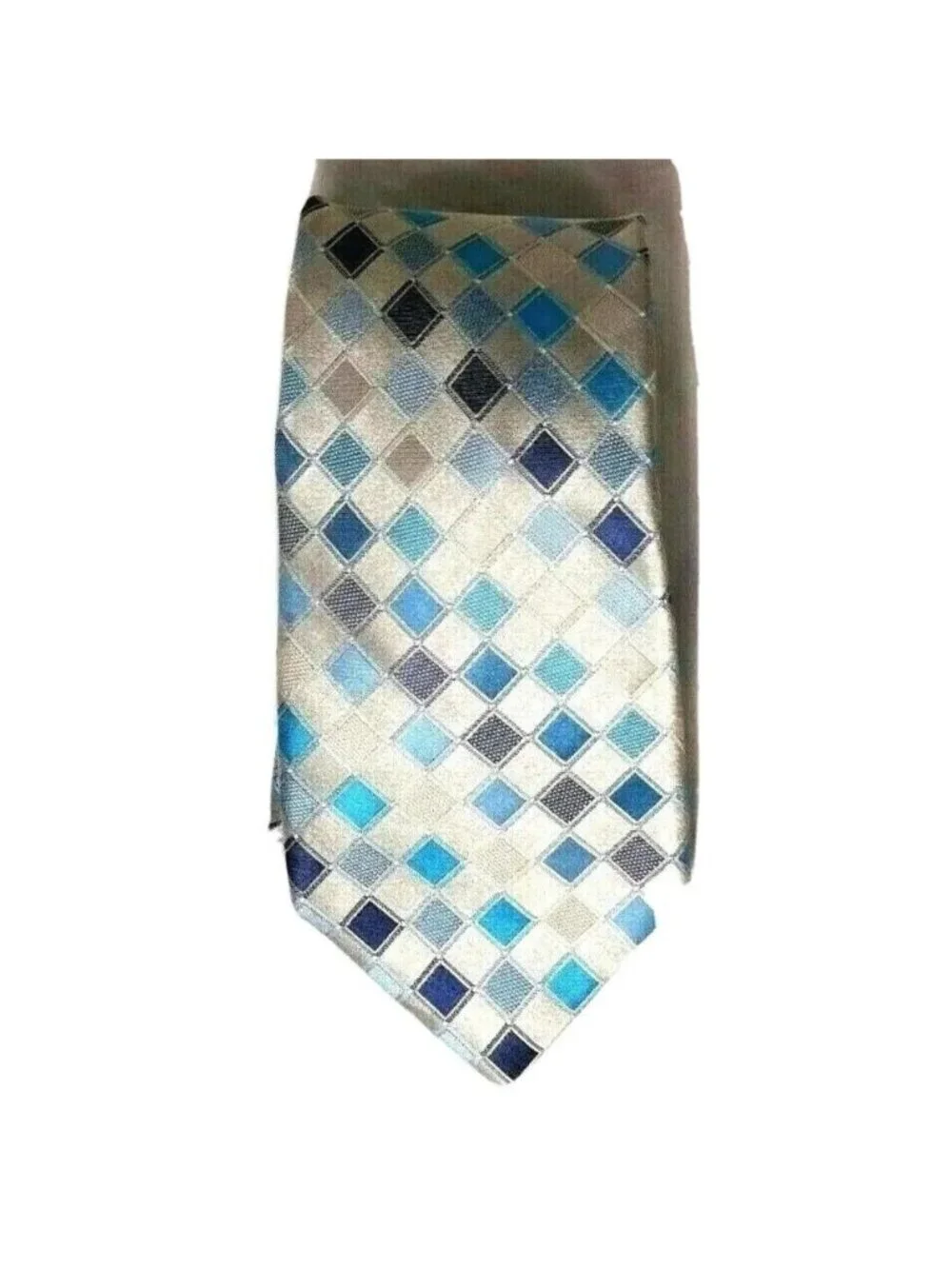 Van Heusen Silk Tie Necktie Mens Silver Blue Gray Diamond Geometric Print